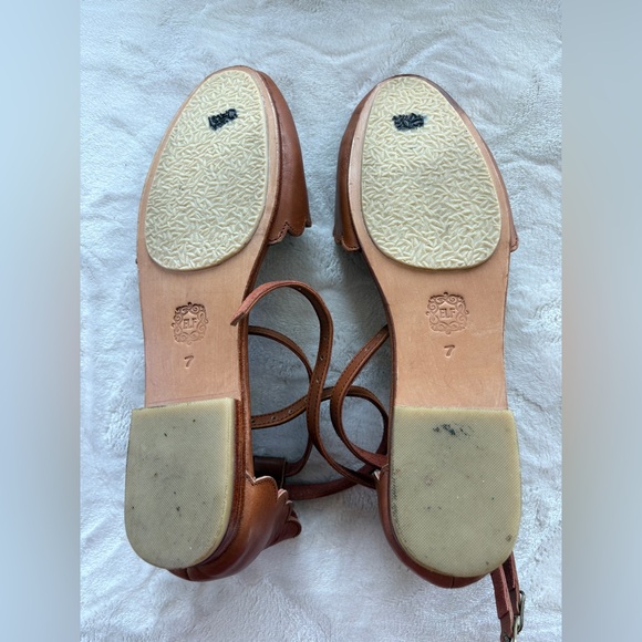 ELF Scalloped Tan Leather Flats. Double Ankle Strap. - Picture 11 of 16